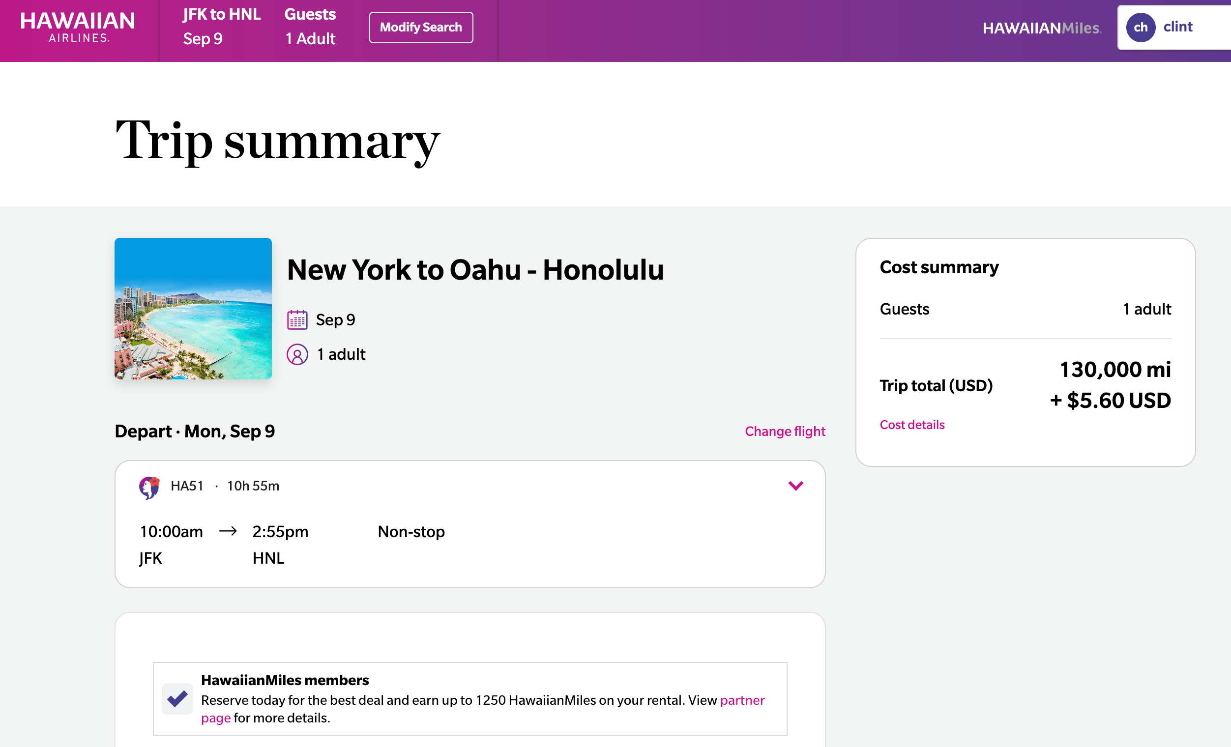 Mileage award for first-class seat to Honolulu. HAWAIIAN AIRLINES